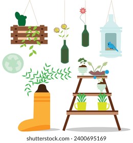 Used waste things and plastic bottle for growing plants. creative vector illustration in flat style. Up-cycling ideas concept.
