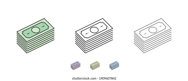 It is used in web and designs in areas such as money transfer, withdrawal and deposit. Paper money icon. Alternatively, different colors have been added. Symbols of different thickness.