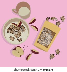 Un concepto de desayuno muy útil. Vista desde arriba. Gachas con manzanas y granola. Bolsa de naves con granola, manzana y una taza de leche de verduras sobre una mesa rosa.Ilustración vectorial de moda.Los elementos están aislados.