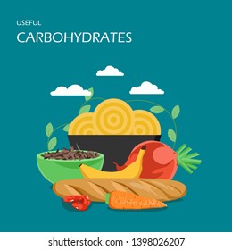 Useful carbohydrates vector flat style design illustration. Baguette, pasta, brown rice, carrot, banana, beans, beet. High-carb foods composition for web banner, website page etc.