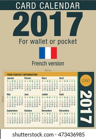 Useful card calendar 2017 for wallet or pocket, ready for printing in full color. Size: 90mm x 55mm. French version