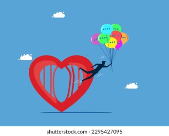 Useful communication. Businessman floating with speech balloons out of hearts