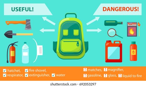 Useful and dangerous objects on informative fire-related poster. Vector illustration of backpack, hatchet with extinguisher, shovel and gasoline