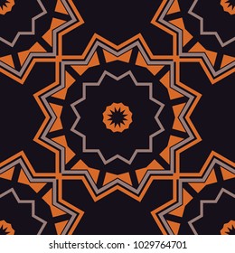 Useful as design element for texture and artistic compositions. Composed in black, orange and pink colors, abstract shapes, Mandalas. Vector illustration. Kaleidoscope seamless pattern.