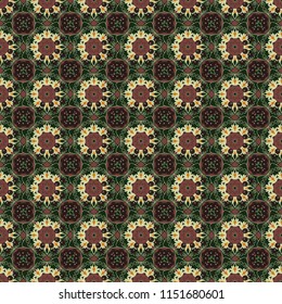Useful as design element for texture and artistic compositions. Vector illustration. Composed of gray, brown and beige abstract elements. Mandalas kaleidoscope seamless pattern.