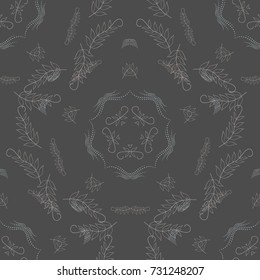 Useful as design element for texture and artistic compositions. Vector illustration. Mandalas kaleidoscope seamless pattern. Composed of gray, violet and beige abstract elements.