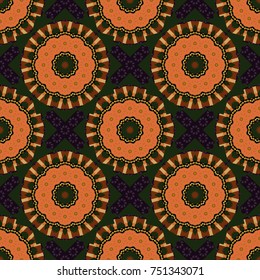 Useful as design element for texture and artistic compositions. Mandalas kaleidoscope seamless pattern. Composed of magenta, gray and black abstract elements. Vector illustration.