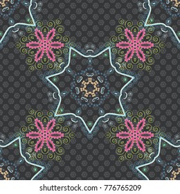 Useful as design element for texture and artistic compositions. Mandalas kaleidoscope seamless pattern. Composed of pink, blue and gray abstract elements. Vector illustration.