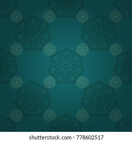 Useful as design element for texture and artistic compositions. Mandalas kaleidoscope seamless pattern. Composed of gray, blue and green abstract elements. Vector illustration.