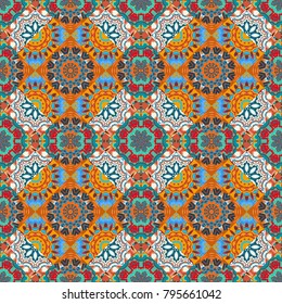 Useful as design element for texture and artistic compositions. Composed in beige, blue and orange colors, abstract shapes, Mandalas. Vector illustration. Kaleidoscope seamless pattern.