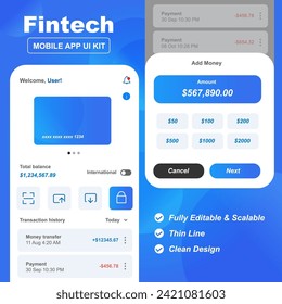 Useful design kit for fintech mobile app UI UX in theme of white and blue
