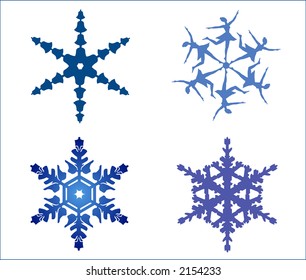 Diseños útiles de cuatro copos de nieve: dos con diseño estándar y las otras como campana de Navidad y bailarina