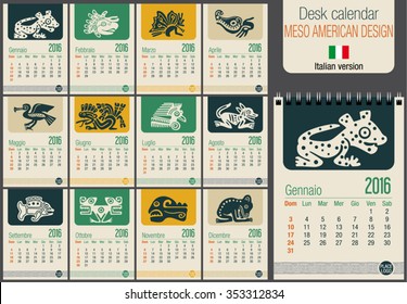 Useful desk calendar 2016 with Meso American Design / calendar template, ready for printing on laser or offset. Size: 150mm x 210mm. Format A5 vertical. Italian version