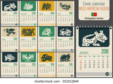 Useful desk calendar 2016 with Meso American Design / calendar template, ready for printing on laser or offset. Size: 150mm x 210mm. Format A5 vertical. Portuguese version