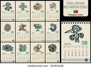 Useful desk calendar 2016 with Meso American Design / calendar template, ready for printing on laser or offset. Size: 150mm x 210mm. Format A5 vertical. Portuguese version