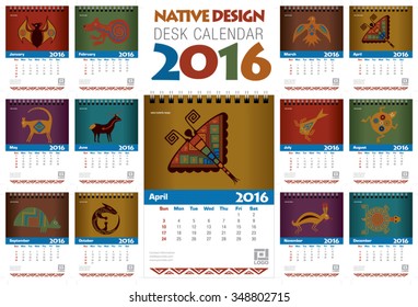 Useful desk calendar 2016 with native animal design, ready for printing on laser or offset. Size: 150mm x 210mm. Format A5 vertical. File contains crop marks and bleeds. 