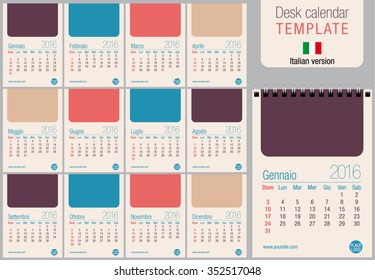 Useful desk calendar 2016 template in pastel colors, ready for printing on laser or offset. Size: 150mm x 210mm. Format A5 vertical. Italian version