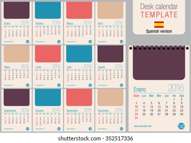 Useful desk calendar 2016 template in pastel colors, ready for printing on laser or offset. Size: 150mm x 210mm. Format A5 vertical. Spanish version