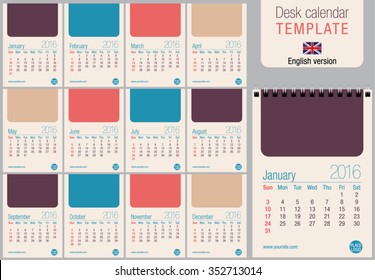 Useful desk calendar 2016 template in pastel colors, ready for printing on laser or offset. Size: 150mm x 210mm. Format A5 vertical. English version