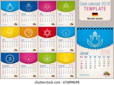 Useful desk calendar 2018 colorful template with yoga and reiki icons. Size: 150mm x 210mm. Format A5 vertical. German version