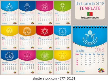 Useful desk calendar 2018 colorful template with yoga and reiki icons. Size: 150mm x 210mm. Format A5 vertical. Portuguese version