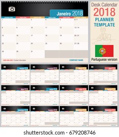 Useful desk calendar 2018 - Planner template. Format horizontal - Vector image - Portuguese version
