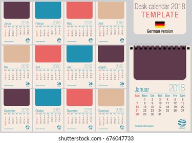 Useful desk calendar 2018 template in pastel colors, ready for printing on laser or offset. Size: 150mm x 210mm. Format A5 vertical. German version