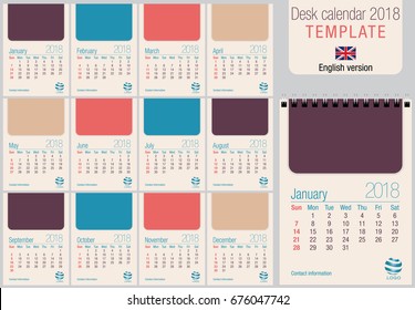 Useful desk calendar 2018 template in pastel colors, ready for printing on laser or offset. Size: 150mm x 210mm. Format A5 vertical. English version