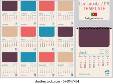 Useful desk calendar 2018 template in pastel colors, ready for printing on laser or offset. Size: 150mm x 210mm. Format A5 vertical. Portuguese version