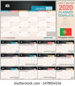 Useful desk calendar 2020 with space to place a photo. Size: 210 mm x 148 mm. Portuguese version - Vector image