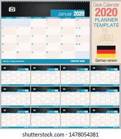 Useful desk calendar 2020 with space to place a photo. Size: 210 mm x 148 mm. German version - Vector image