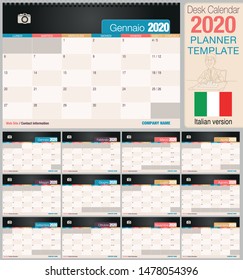 Useful desk calendar 2020 with space to place a photo. Size: 210 mm x 148 mm. Italian version - Vector image