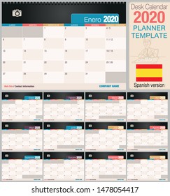 Useful desk calendar 2020 with space to place a photo. Size: 210 mm x 148 mm. Spanish version - Vector image