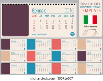 Useful desk triangle calendar 2016 template in pastel colors, ready for printing on laser or offset. Size: 220mm x 100mm. Format horizontal. Italian version
