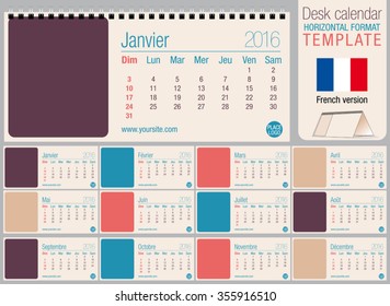 Useful desk triangle calendar 2016 template in pastel colors, ready for printing on laser or offset. Size: 220mm x 100mm. Format horizontal. French version
