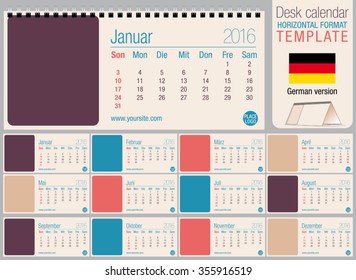 Useful desk triangle calendar 2016 template in pastel colors, ready for printing on laser or offset. Size: 220mm x 100mm. Format horizontal. German version