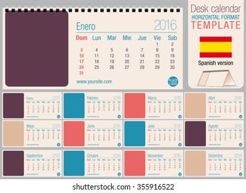 Useful desk triangle calendar 2016 template in pastel colors, ready for printing on laser or offset. Size: 220mm x 100mm. Format horizontal. Spanish version