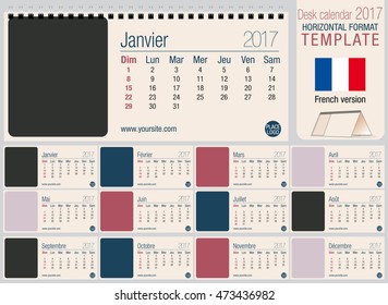 Useful desk triangle calendar 2017 template, ready for printing. Size: 220mm x 100mm. Format horizontal. French version