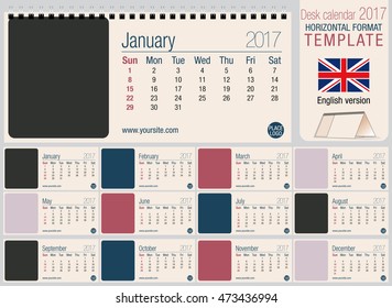 Useful desk triangle calendar 2017 template, ready for printing. Size: 220mm x 100mm. Format horizontal. English version