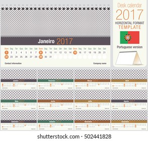 Useful desk triangle calendar 2017 template, ready for printing. Size: 220mm x 120mm. Format horizontal. Portuguese version