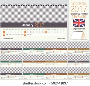 Useful desk triangle calendar 2017 template, ready for printing. Size: 220mm x 120mm. Format horizontal. English version