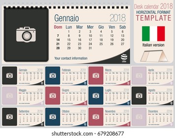 Useful desk triangle calendar 2018 template with space to place photos. Size: 220mm x 100mm. Format horizontal. Vector image. Italian version