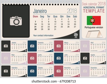 Useful desk triangle calendar 2018 template with space to place photos. Size: 220mm x 100mm. Format horizontal. Vector image. Portuguese version