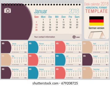 Useful desk triangle calendar 2018 template with space to place photos. Size: 220mm x 100mm. Format horizontal. Vector image. German version