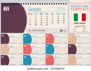 Useful desk triangle calendar 2018 template with space to place photos. Size: 220mm x 100mm. Format horizontal. Vector image. Italian version