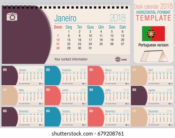 Useful desk triangle calendar 2018 template with space to place photos. Size: 220mm x 100mm. Format horizontal. Vector image. Portuguese version