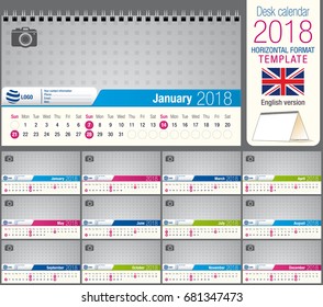 Useful desk triangle calendar 2018 template, ready for printing. Size: 22 cm x 12 cm. Format horizontal. English version