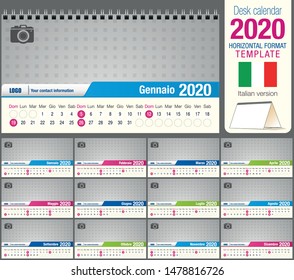 Useful desk triangle calendar 2020 template, with space to place a photo. Size: 22 cm x 12 cm. Format horizontal. Italian version