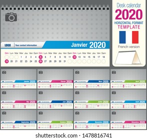 Useful desk triangle calendar 2020 template, with space to place a photo. Size: 22 cm x 12 cm. Format horizontal. French version