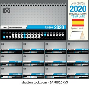 Useful desk triangle calendar 2020 template, with space to place a photo. Size: 22 cm x 12 cm. Format horizontal. Spanish version